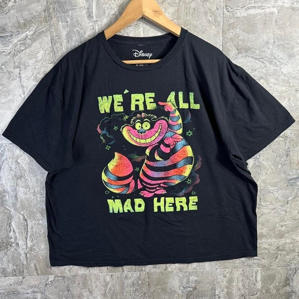 Disney Alice In Wonderland We're All‎ Mad Here Cheshire Cat Black T Shirt Sz XXL